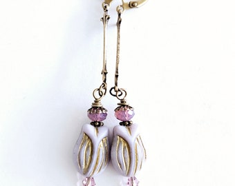 Delicate Purple Tulip Earrings Lavender Flower Drops Art Nouveau Style Long Narrow Drop Earrings Fleur de Lis Column Earrings Spring Gift