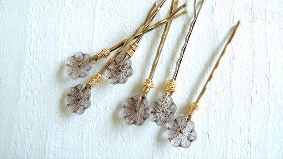 White Gold Flower Decorative Bobby Pins Wire Wrapped Czech Etsy