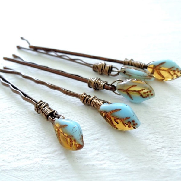 Glass Leaf Decorative Bobby Pins Small Pastel Blue Gold Boho Style Wire Wrapped Hair Pins Topaz Sky Blue Glass Leaves Bobby Pins Gift Set