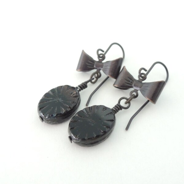Black Bow Earrings Gothic Style Jet Black Czech Glass Blackened Brass Victorian Mourning Vintage Inspired Black Dangles Bow Earrings