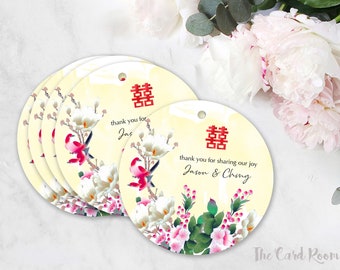 Oriental Peonies & Love Birds Favor tag / gift tag / Available in Stickers. Pink Double happiness Set of 30. (ITEM Oriental 02)