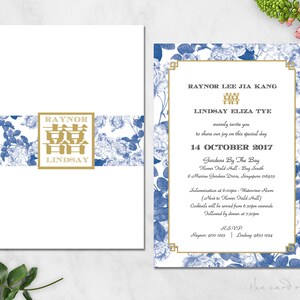Afdrukbare huwelijksuitnodiging set | Oosterse Fusion Blue Floral | Dubbele geluk | Goud