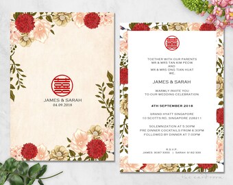 Printable Wedding Invitation Set | Vintage Oriental Floral | Double Happiness