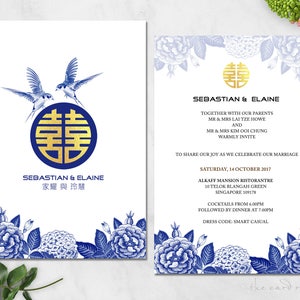 Printable Wedding Invitation Set | Oriental Fusion Blue Floral | Gold Double Happiness | Love Birds