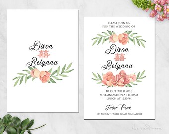 Printable Wedding Invitation Set | Pastel Floral | Double Happiness | Chinese text available