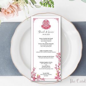 Oosters afdrukbaar menu | Oosterse kersenbloesems | Dubbel geluk |  | (ITEM : MENU 02)