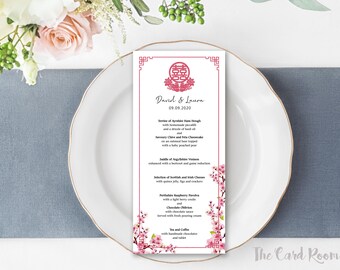 Oriental Printable Menu | Oriental Cherry Blossoms | Double Happiness |  |(ITEM : MENU 02)