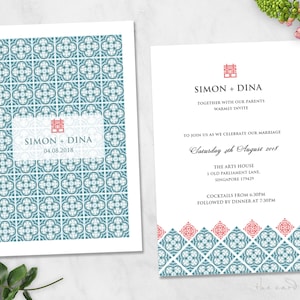 May include: Wedding invitation with a teal and white geometric pattern. The invitation features the names Simon and Dina, the date 04.08.2018, and the Chinese character for "double happiness".