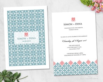 Printable Wedding Invitation | Peranakan Tiles | Blue patterns | Double Happiness