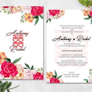 Conjunto de invitación de boda imprimible / Floral oriental moderno / Doble felicidad / Peonías