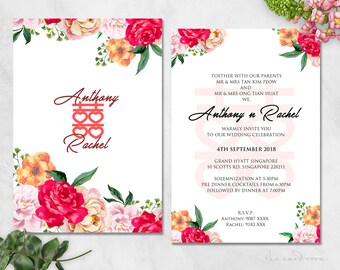 Printable Wedding Invitation Set | Modern Oriental  Floral |  Double Happiness | Peonies