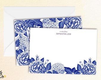 Personalized Chinoiserie Flat Notes | Blue Peonies Floral Design | Custom Name Set