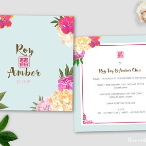 Afdrukbare bruiloft uitnodiging Set | bruiloft uitnodiging + RSVP kaart | Oosterse bloemen | DIY | Red | Dubbel geluk
