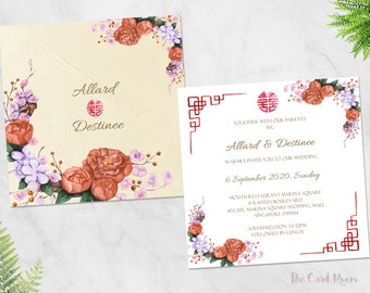 Printable Wedding Invitation Set | Oriental Peonies | Double Happiness | Vintage