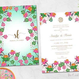 Invitation de mariage imprimable (en anglais seulement) Peranakan - France Florals - France Double bonheur texte chinois disponible