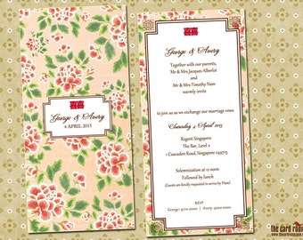 Pink Oriental Floral wedding invite with double happiness logo - Printables