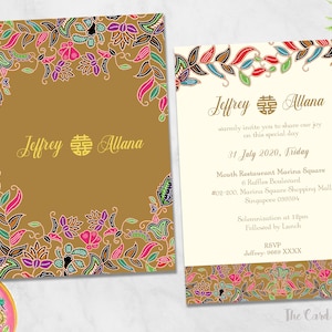Invitation de mariage imprimable (en anglais seulement) Peranakan - France Florals - France Double Bonheur, texte chinois disponible