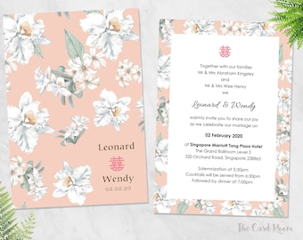 Printable Wedding Invitation Set | Modern | White floral on pink background | Double Happiness | Chinese text Available
