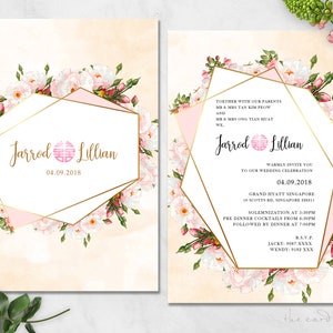 Afdrukbare bruiloft uitnodiging Set | Moderne Oosterse bloemen | Dubbel geluk | Geometrische vormen
