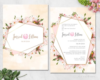 Printable Wedding Invitation Set | Modern Oriental Floral | Double Happiness | Geometrical Shapes