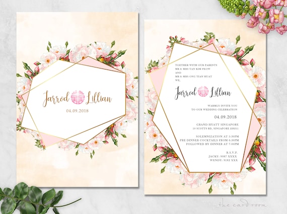 Chinese Text Available Modern Oriental Floral with LoveBird Double Happiness Printable Wedding Invitation Set