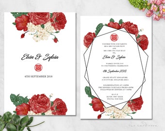 Printable Wedding Invitation Set | Modern Oriental Dark Red Floral | Double Happiness | Geometrical shapes
