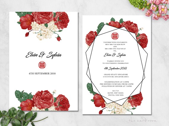 Chinese Text Available Modern Oriental Floral with LoveBird Double Happiness Printable Wedding Invitation Set