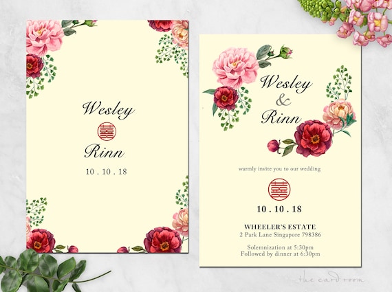 Chinese Text Available Modern Oriental Floral with LoveBird Double Happiness Printable Wedding Invitation Set