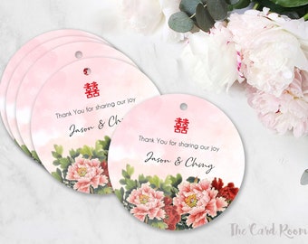 Oriental Peonies Favor tag / gift tag / Available in Stickers. Pink Double happiness Set of 30. (ITEM Oriental 01)