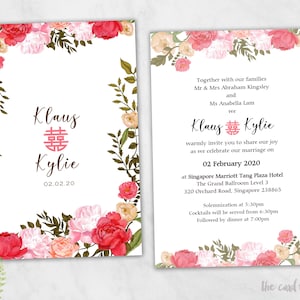 Afdrukbare bruiloft uitnodiging set | Oosterse Pioenroos Bloemen | Dubbel geluk