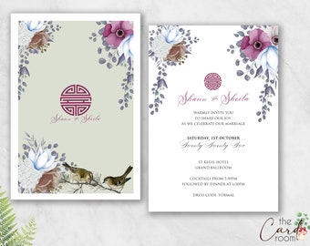 Printable Wedding Invitation Set | Double happiness | Pastel Florals | Chinese text Available | Digital Files