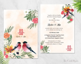 Printable Wedding Invitation Set | Oriental Peonies | Double Happiness | Love Birds