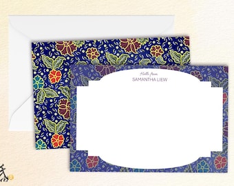 Printed Personalized Batik Flat Notes | Blue Traditional Pattern | Custom Name Set