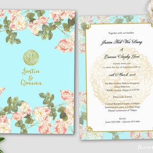 Afdrukbare bruiloft uitnodiging Set | bruiloft uitnodiging + RSVP kaart | Oosterse bloemen | turkoois | Gouden Double Happiness