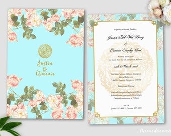 Printable Wedding Invitation Set | wedding Invitation + RSVP Card |Oriental Floral | turquoise | Gold Double Happiness