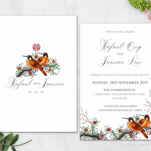 Chinese Text Available Modern Oriental Floral with LoveBird Double Happiness Printable Wedding Invitation Set