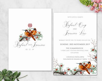Printable Wedding Invitation Set | Modern Oriental Floral with LoveBird | Double Happiness | Chinese Text Available