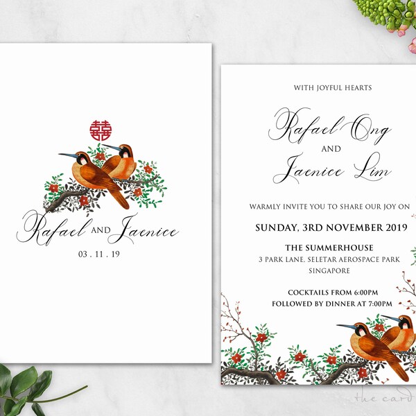 Printable Wedding Invitation Set | Modern Oriental Floral with LoveBird | Double Happiness | Chinese Text Available