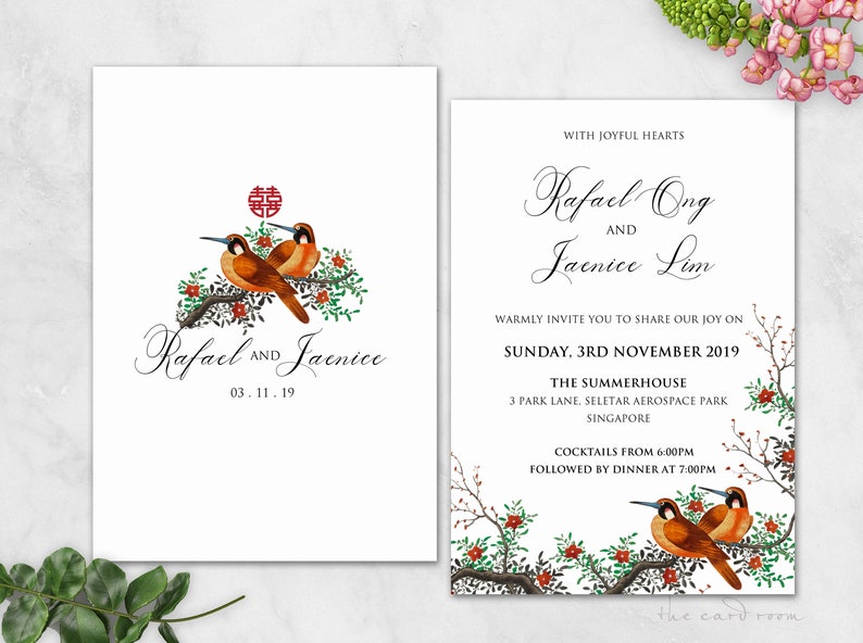Chinese Text Available Modern Oriental Floral with LoveBird Double Happiness Printable Wedding Invitation Set