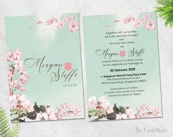Printable Wedding Invitation Set | Turquoise Background | Double Happiness | Floral | Chinese Text Available