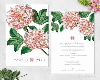 Printable Wedding Invitation Set | Modern Oriental Floral Pink Peonies | Double Happiness | Chinese text available