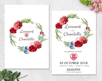 Printable Wedding Invitation Set | Modern Oriental Floral | Double Happiness | Chinese text available