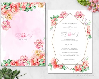 Printable Wedding Invitation Set | Modern Pinl Oriental Floral | Double Happiness | Geometrical shapes