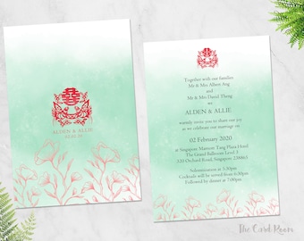 Printable Wedding Invitation Set | Turquoise Watercolour | Double Happiness | Floral | Chinese Text Available