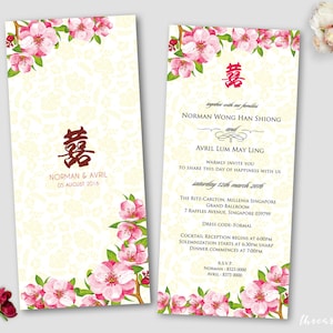 Druckbare Hochzeit Einladung Set | Hochzeit Einladung + RSVP-Karte | Orientalische Blumen | Kirschblüten | Rot | Doppelt Glück