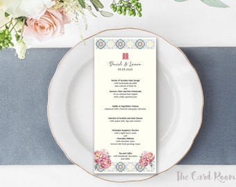 Printable Menu | Oriental Pink Peonies | Double Happiness | Peranakan Tiles |(ITEM : MENU 01)