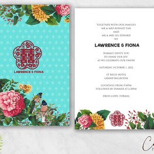 Afdrukbare huwelijksuitnodiging Set | Dubbel geluk | Rode Pioenrozen | Chinese tekst Beschikbaar | Digitale bestanden