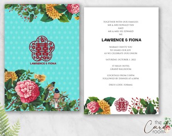 Printable Wedding Invitation Set | Double happiness | Red Peonies | Chinese text Available | Digital Files