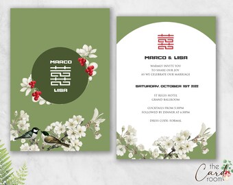 Printable Wedding Invitation Set | Double happiness | White Apple Blossoms | Chinese text Available | Digital Files