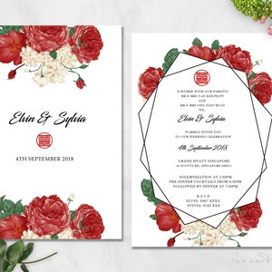 Druckbare Hochzeit Einladung Set | Moderne orientalische Blumen | Doppelt Glück | Geometrische Formen